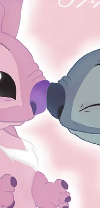 Cute cartoon couple kissing in pastel shades.