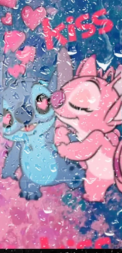 Cute cartoon characters sharing a kiss in a vibrant pink and blue wallpaper.