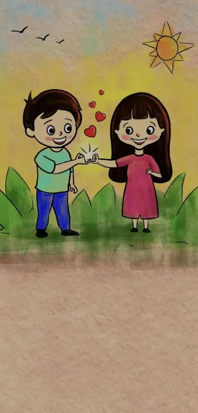 Cartoon couple holding hands on beige background with sun and green leaves.