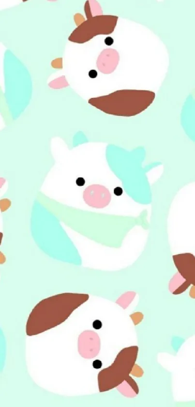 Cute cartoon cow pattern with pastel mint background.