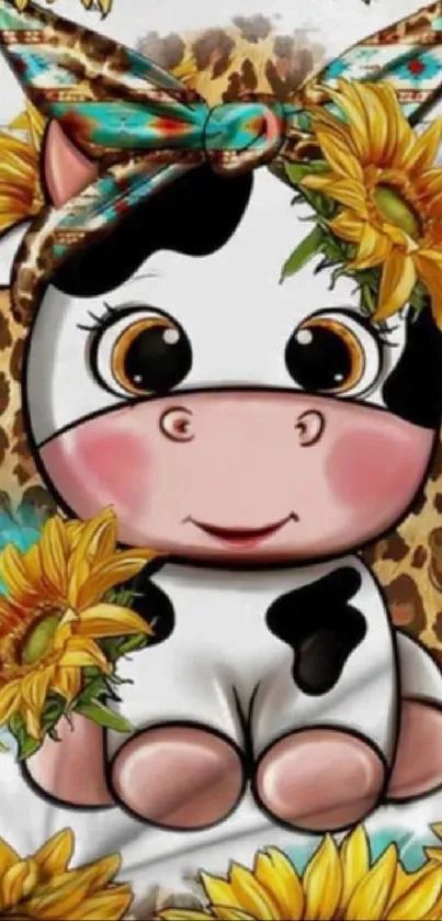 Cute cartoon cow with sunflowers and leopard background.