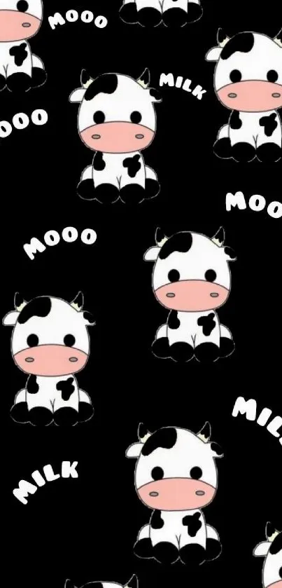 Cute cartoon cows on black wallpaper.