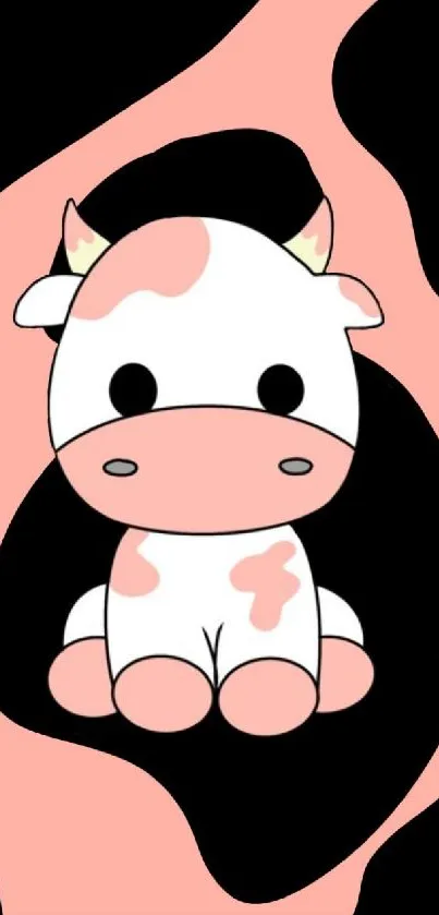 Adorable cartoon cow with pink spots on black background.