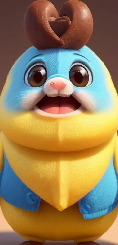 Adorable cartoon creature with blue and yellow tones, brown heart-shaped top.