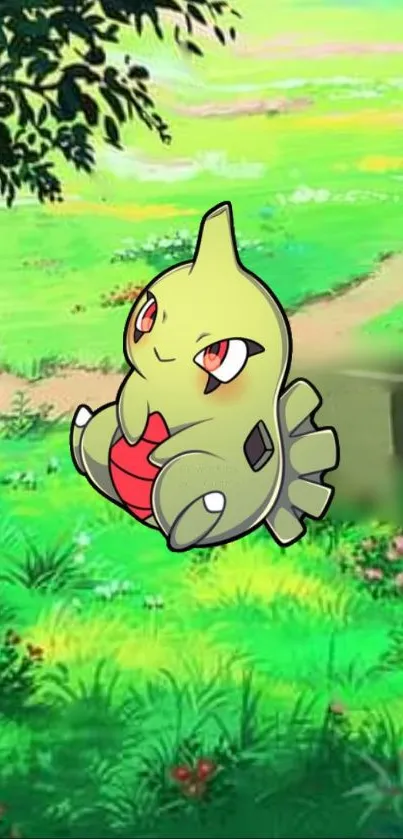 Cartoon creature sitting in a sunny grassy park.