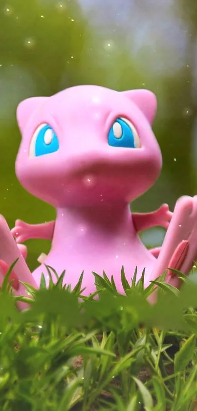 Cute pink creature on grass with vibrant green background.