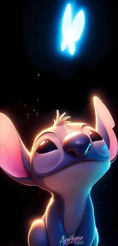 Cartoon creature gazes at glowing light in mobile wallpaper.