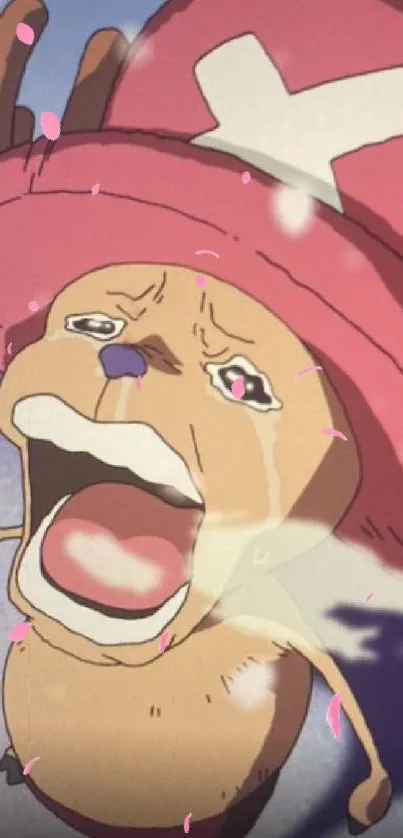 Cartoon character with a pink hat crying in a cute animation scene.