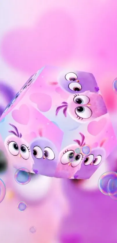 Cute cartoon cube with colorful bubbles on pink background.