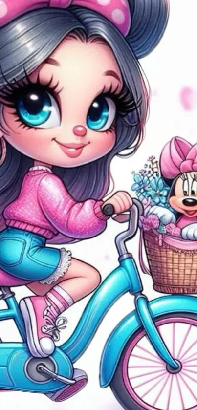 Cartoon girl cycling with flowers and companion, vibrant mobile wallpaper.