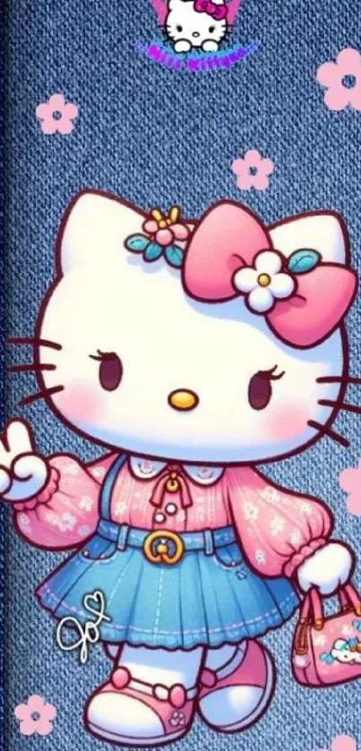 Cute cartoon character with pink bow on a denim background wallpaper.