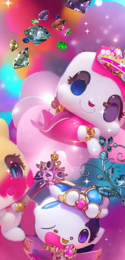 Cute cartoon characters with gems in a pink fantasy design.