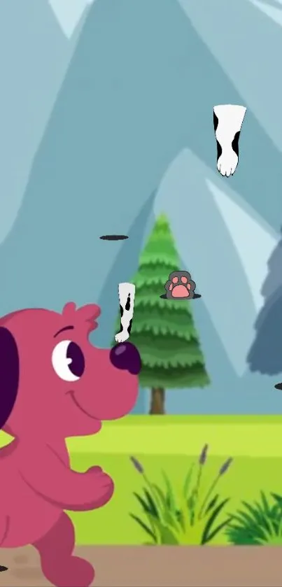 Cartoon pink dog in a vibrant forest setting.