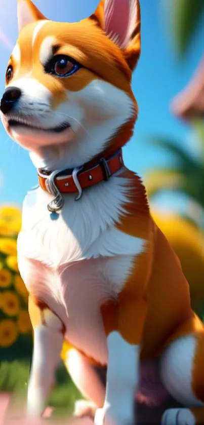 Cartoon corgi in a garden with flowers and palm tree.