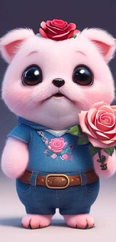 Cute cartoon dog holding a pink rose, wearing a blue outfit, on a soft gradient background.