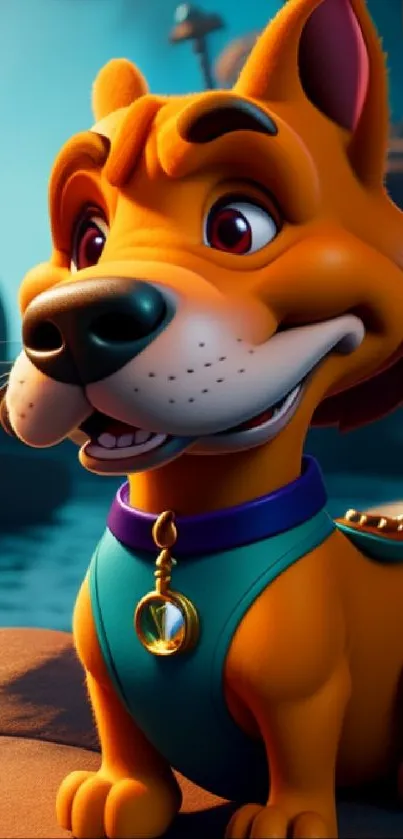 Adorable cartoon dog with a cheerful expression in a vibrant landscape.