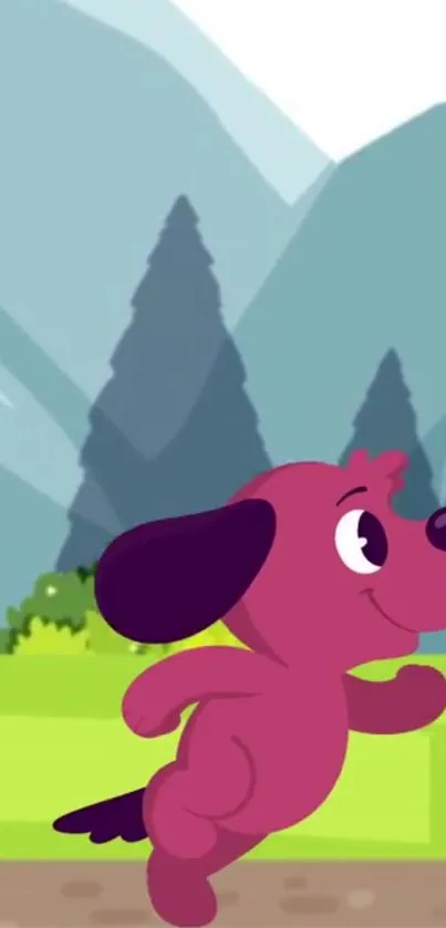 Cute purple cartoon dog running in a colorful forest background.