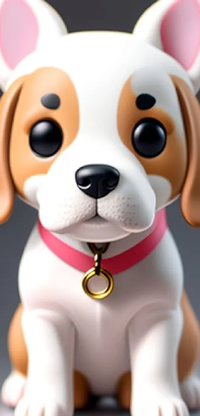 Cute cartoon dog with pink collar and big eyes on a gray background.