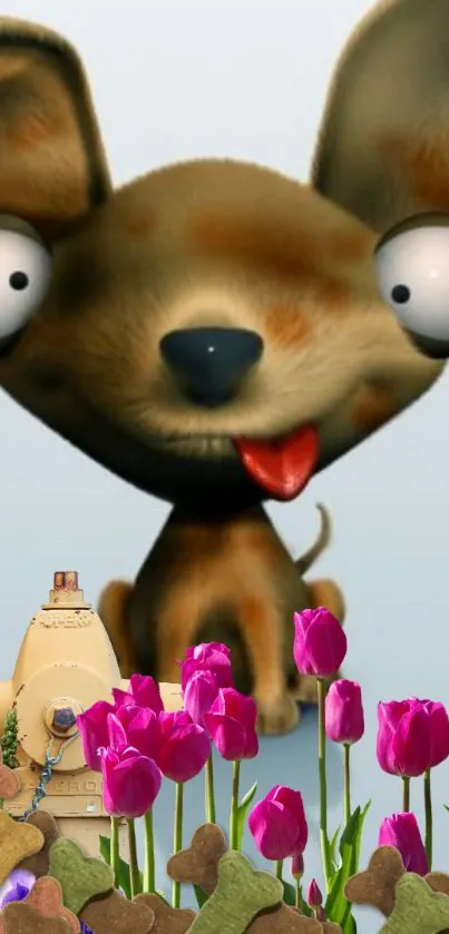 Cute cartoon dog with tulips on wallpaper.