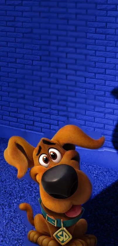 Adorable cartoon dog with vivid blue wall background.