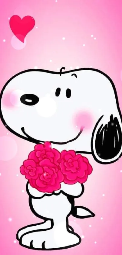 Cute cartoon dog holding flowers on pink background.