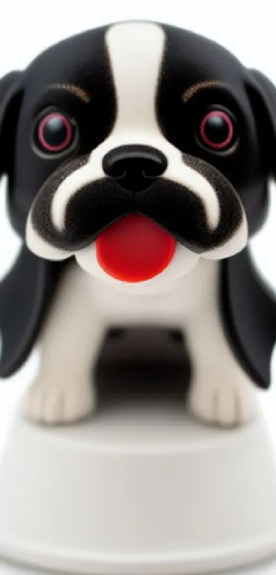 Black and white cartoon dog figurine with a red tongue on a white background.