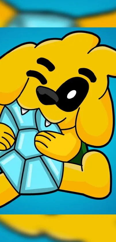 Cute cartoon dog with blue gem on vibrant background.