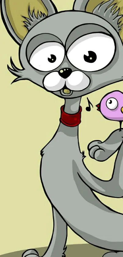 Cartoon grey dog with a purple bird.