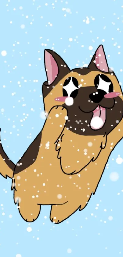 Cartoon German Shepherd on a light blue background, looking cute and playful.