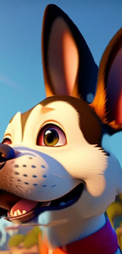 A cheerful cartoon dog under a blue sky.