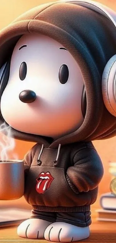 Cute cartoon dog in hoodie with headphones sipping coffee.