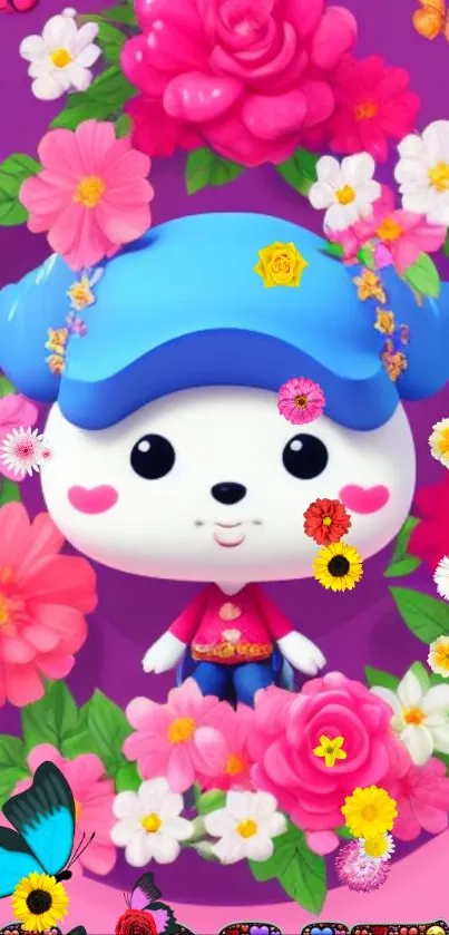 Cartoon dog with blue cap surrounded by colorful flowers.