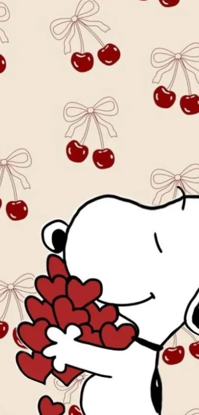 Cartoon dog hugging hearts on cherry background.