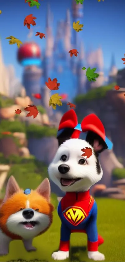 Cute cartoon dogs with autumn leaves and a fantasy backdrop.