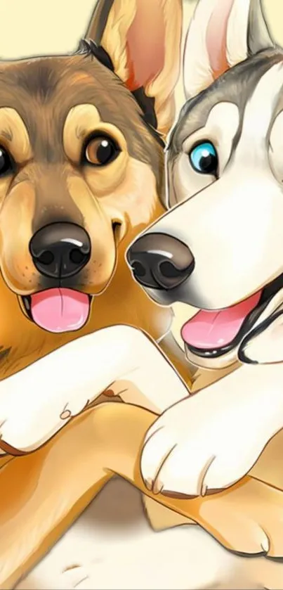 Adorable cartoon dogs posing happily on mobile wallpaper.