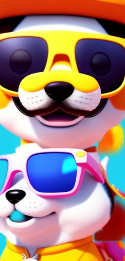 Cute cartoon dogs wearing colorful sunglasses with a sky blue background.