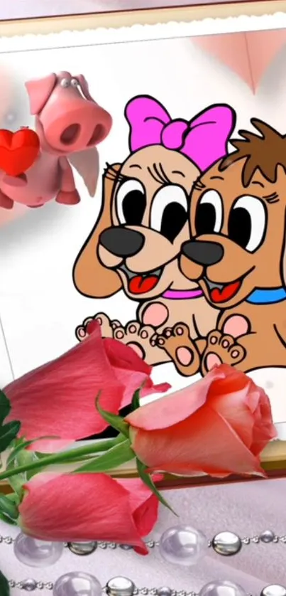 Cartoon dogs with pink roses create a charming phone wallpaper.