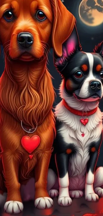 Cute cartoon dogs with heart collars in a colorful night scene.