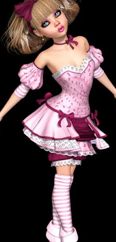 Anime-style doll in pink dress on black background.