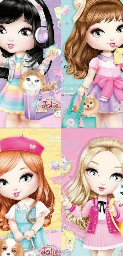 Cartoon dolls with pets on pastel backgrounds, creating a whimsical mobile wallpaper.