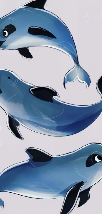 Cute cartoon dolphins in blue hues on a light gray background wallpaper.
