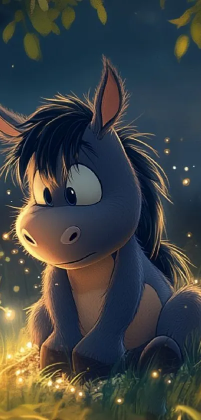 Cartoon donkey surrounded by glowing fireflies at night.