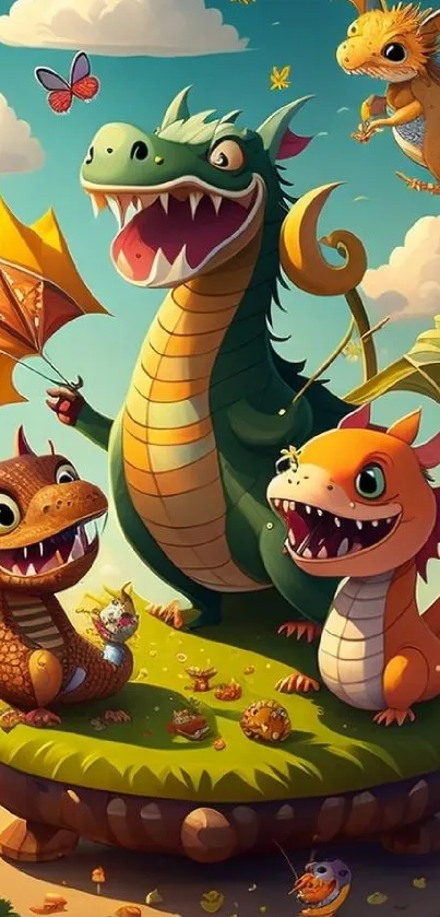 Cute cartoon dragons on a grassy hill with a playful, colorful backdrop.