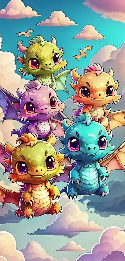 Cute baby dragons floating in pastel clouds.