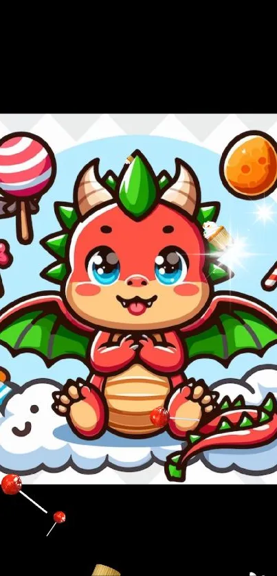 Colorful baby dragon sitting on a cloud with candies around.