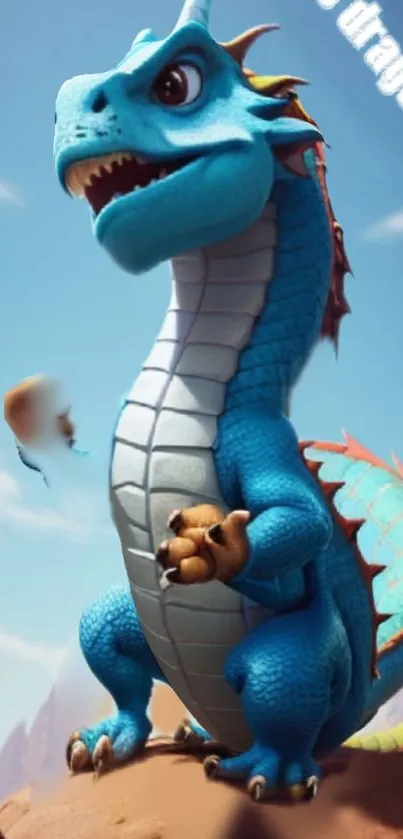 A cute blue cartoon dragon with fluffy clouds in the sky.