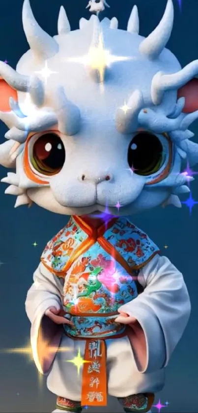 Cute cartoon dragon with colorful attire.