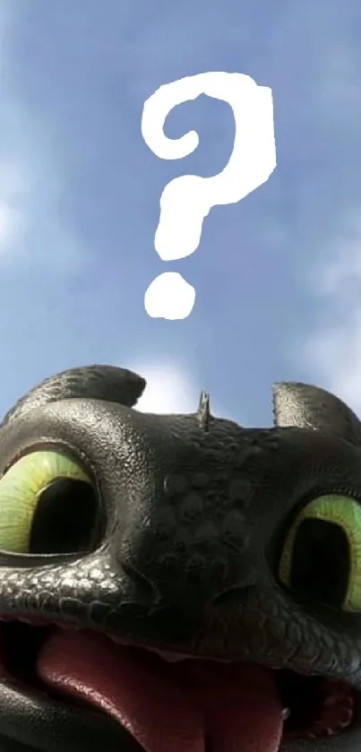 Cute cartoon dragon under a bright blue sky with a question mark cloud.