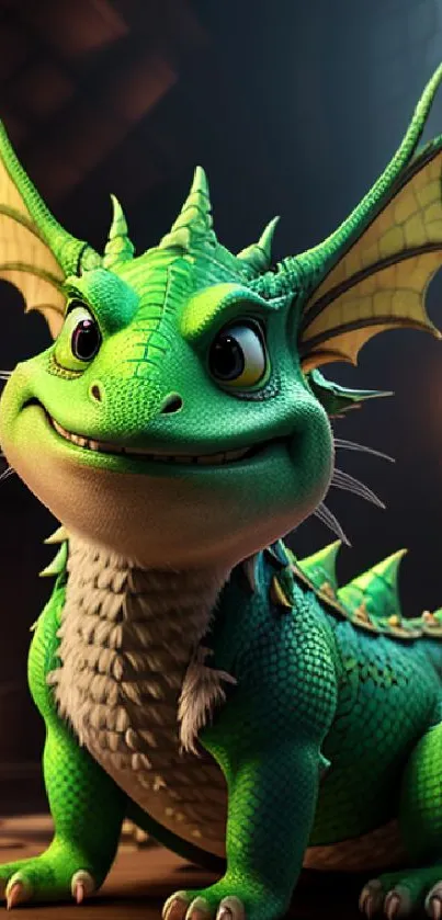 Cute green cartoon dragon with lights, perfect for a fantasy wallpaper.