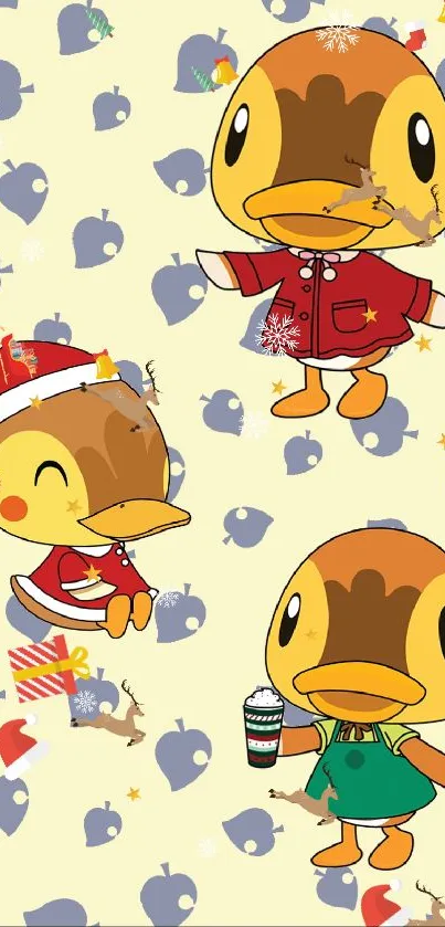 Cute cartoon ducks with festive outfits and colorful design.